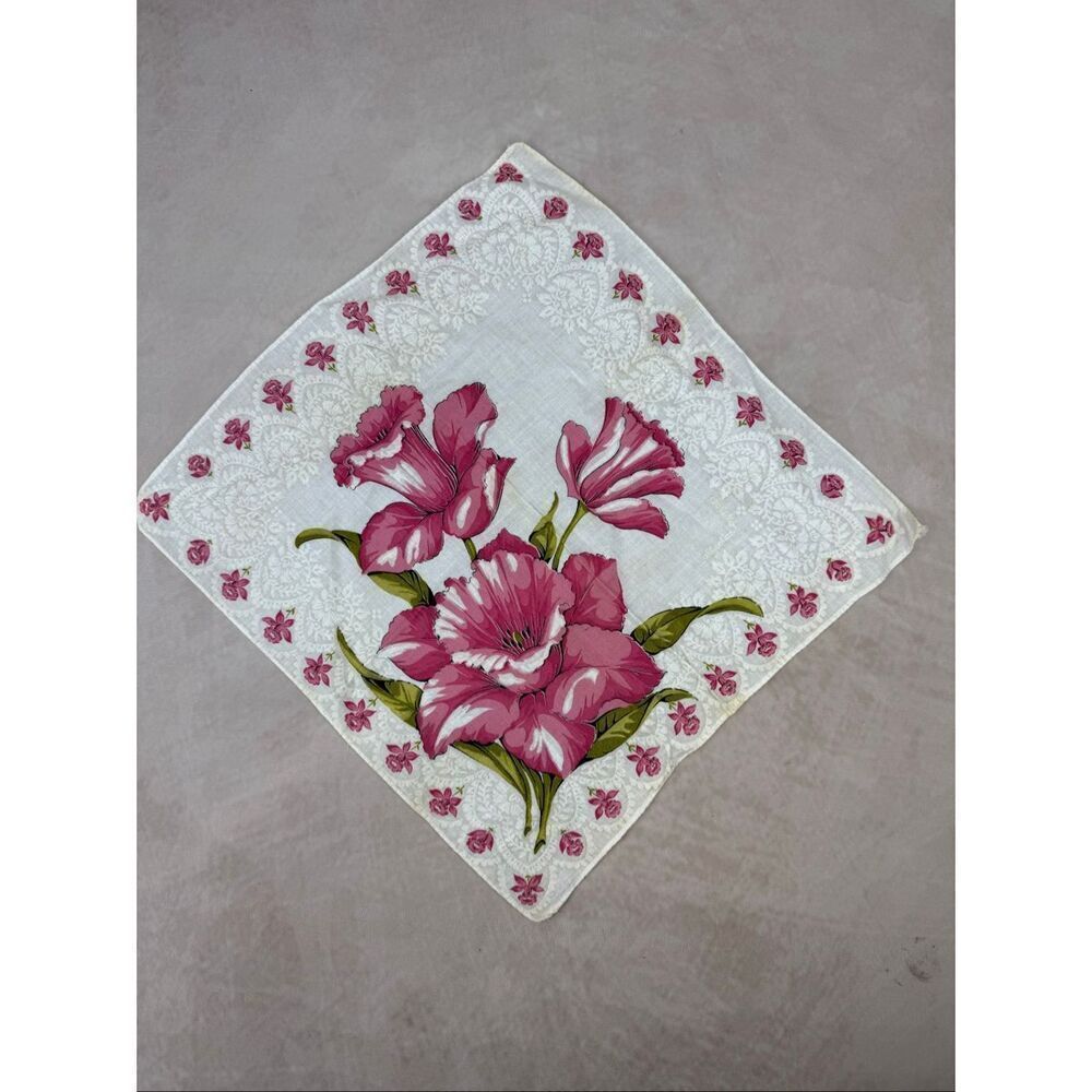 Vintage 1950s Pink Floral Hankie Handkerchief READ